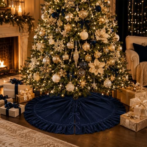 48-Inch Navy Blue Ruffled Velvet Christmas Tree Skirt with 3 Bow Ties, Large Round Vintage Xmas Tree Base Cover for Holiday Home and Party Decor, 122 cm - Image 4