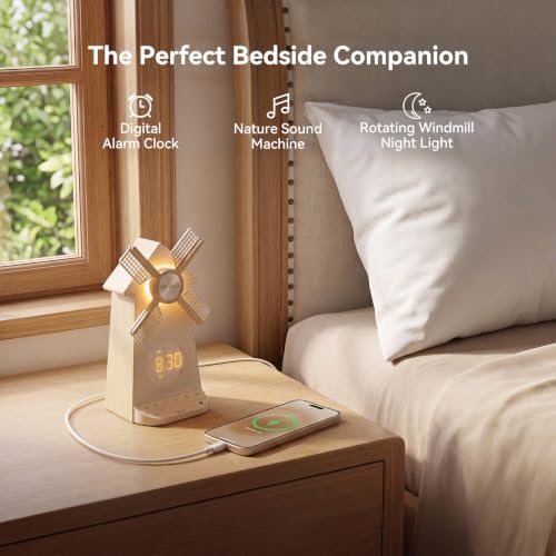 Sunrise Alarm Clock with Rotating Windmill, White Noise Machine for Sleeping with 20 Soothing Sounds, Sound Machine Alarm Clock for Bedrooms Kids Adults, 3-Level Night Light, USB Charger Port - Image 2
