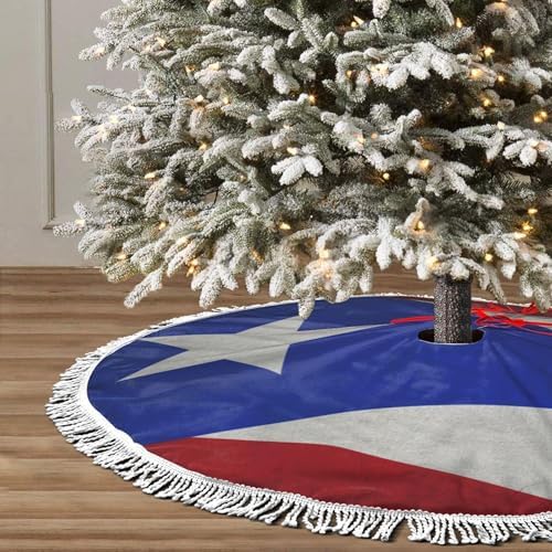 Christmas Tree Skirt 30" Inch Puerto Rico Flag Xmas Tree Skirt Mat with White Tassel for Party Holiday, Tree Skirt Christmas Decorations by GHYGTY