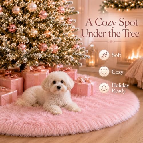 AOGU 72 Inch Faux Fur Christmas Tree Skirt Pink Plush Skirt for Merry Christmas Party Christmas Tree Decoration - Image 6