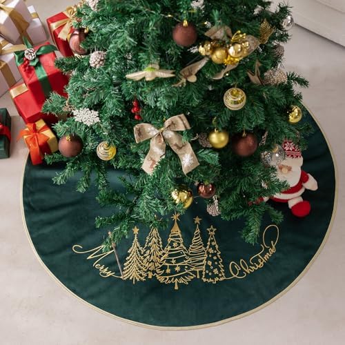 CROWNED BEAUTY 50 Inch Green Velvet Christmas Tree Skirt, Tree Embroidery - Image 2