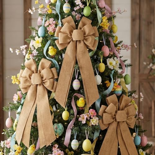Dark Beige Large Bow for Wreath Tree Topper 11x21 Inch Linen Texture Wired Ribbon Big Bows for Front Door Rustic Farmhouse Vintage Decor Gift - Image 5