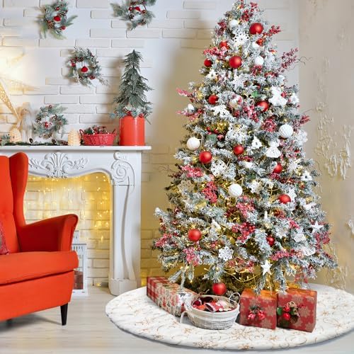 Dremisland Christmas Tree Skirt 36In White&Gold Tree Skirt with Snowflake - Image 7