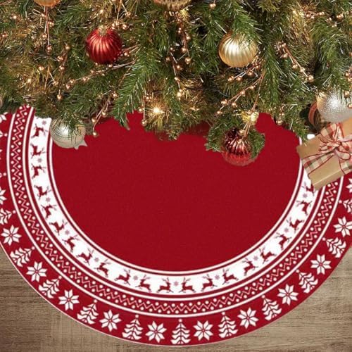 Christmas Tree Skirt 48 Inches | Red Xmas Tree Skirt with Rustic Snowflake & Reindeer Pattern, Fits 5 to 7 Foot Trees, Perfect Christmas Decorations for Holiday Trees. by Unknown
