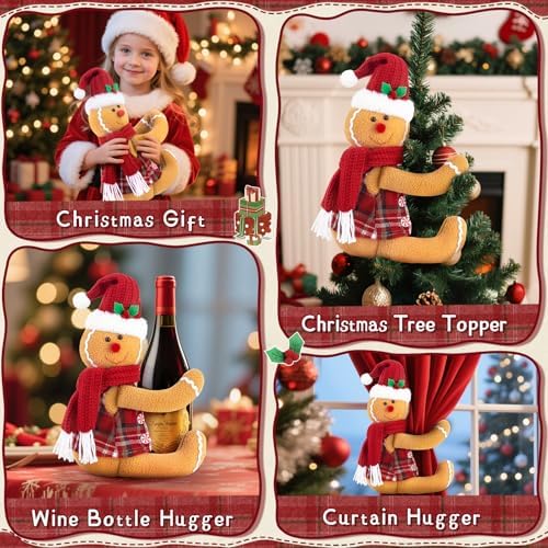 Gingerbread Tree Topper, Cute Plush Stuffed Gingerbread Hugger Decor GingerbreadS Christmas Decorations for Christmas Tree Curtain Wine Bottle Holiday Home Decor - Image 4