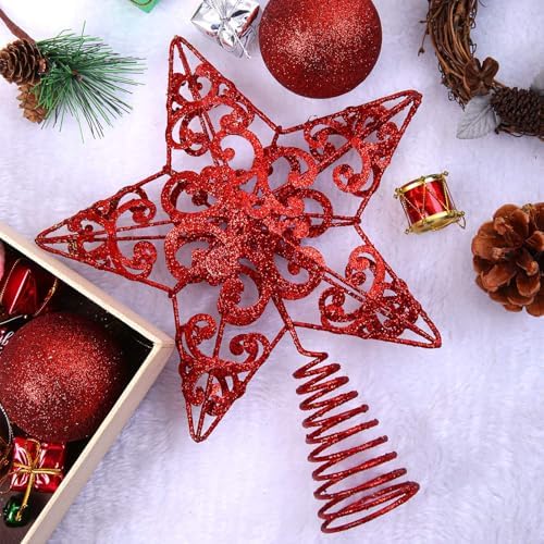 Aneco 10 Inches Metal Glittered Christmas Tree Topper Star Treetop Decoration for Christmas Home Decor, Red - Image 4