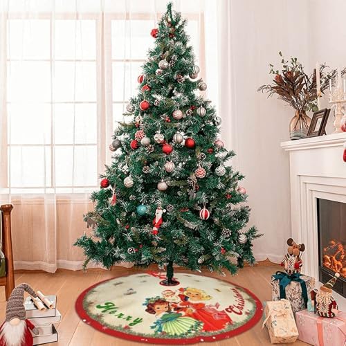 Vintage Christmas Tree Skirt Christmas Decorations - Red Vintage Style Xmas Tree Skirt Mat with Santa Claus Girls Snowflake Pattern for Indoor Outdoor Merry Christmas Holiday Party Decor 48 Inches - Image 6