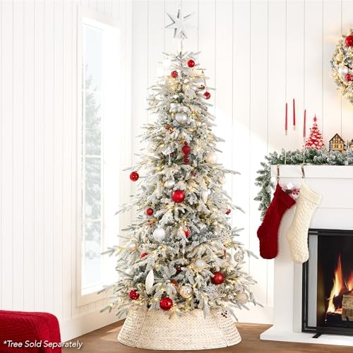 Best Choice Products 24in Christmas Tree Collar, Woven Hyacinth 3-Piece Holiday Rattan Tree Skirt Accessory for Home w/Cord Cut-Out - Transparent White - Image 5