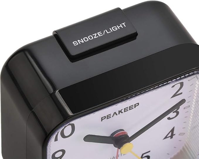 Peakeep Small Battery Operated Analog Travel Alarm Clock Silent | No Ticking, Lighted on Demand and Snooze, Beep Sounds, Gentle Wake, Ascending Alarm, Easy Set (Black) - Image 3