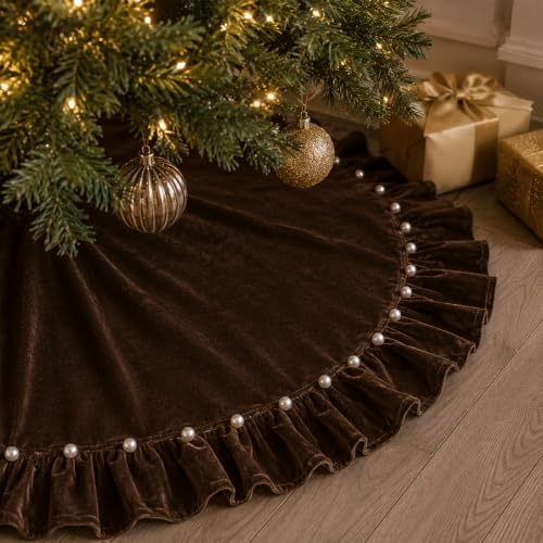 Chocolate Brown Velvet Christmas Tree Skirt 48 Inch – Pearl Beaded Ruffle Trim Xmas Tree Skirt with Bows, Festive Christmas Tree Base Cover for Holiday Party Home Decorations - 122cm by AtiMing