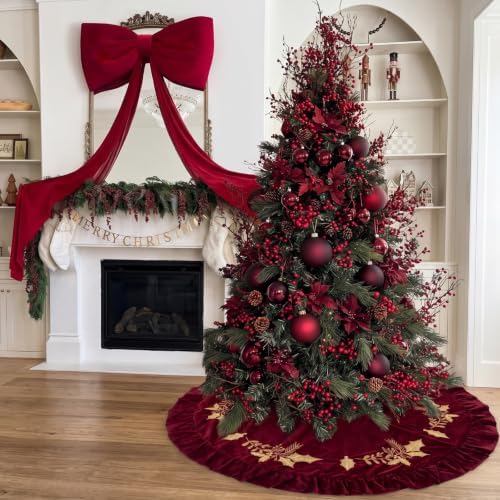 Velvet Christmas Tree Skirt Red Wine Gold Fur Plush Tree Skirt Luxury Xmas Skirts for Merry Christmas Party Vintage Holiday Decorations (72 Inches,Gold Embroidered Holly Style,Red) - Image 2