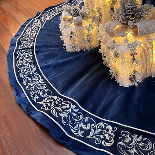 Christmas Tree Skirt 60 inch, Blue Luxury Velvet Plush Faux Fur Extra Large Skirts with Silver Embroidered Vintage Pattern, Classic Retro Christmas Tree Decorations Gifts by FunAcce