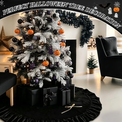 48 Inches Velvet Halloween Tree Skirt Decorations Black Luxury Xmas Fur Plush Skirts for Halloween Merry Christmas Party Rustic Vintage Holiday Home Winter - Image 4