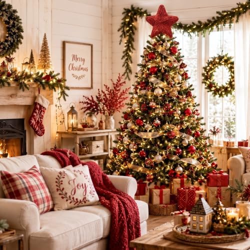 Syhood 10 Inch Crochet Star Christmas Tree Topper Red Christmas Ornament Glitter Star Farmhouse Holiday Xmas Decor for Xmas Trees Ornament Party Decoration - Image 3