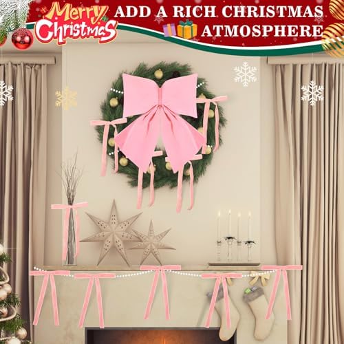 Pink Valentines Day Christmas Tree Decoration Set Include 24 Pcs Velvet Ornaments Bows with Pink Bow Tree Topper, 16.4 FT White Pearl Beads Garland for Valentines Day Garland Wreath Holiday Decor - Image 5