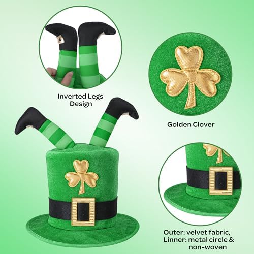 codree St. Patrick's Day Tree Topper Hat, Irish Green Shamrock Elf Legs Top Hat Decoration, St. Patrick Clover Velvet Hat Tree Topper for Holiday Home Party Decor Fancy Dress Costume - Image 3
