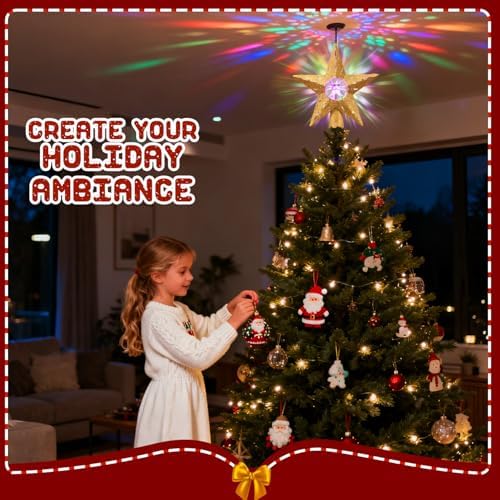 Gold Rotating Christmas Tree Topper Star with RGB LED Lights, 3D Crystal Diamond Center, Spinning Projection, Glitter Design Tree Decor with Power Cord for Holiday, Party, Christmas Celebration - Image 2