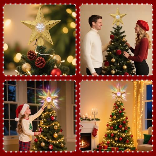 Gold Rotating Christmas Tree Topper Star with RGB LED Lights, 3D Crystal Diamond Center, Spinning Projection, Glitter Design Tree Decor with Power Cord for Holiday, Party, Christmas Celebration - Image 4