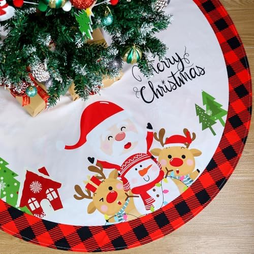 Christmas Tree Skirt, 48 Inches Red Black Buffalo Plaid Tree Skirt Rustic Thick Xmas Tree Skirt with Snowflake Santa Claus Xmas Ornaments Perfect for Christmas Decoration and New Year Holiday Party by multiwins