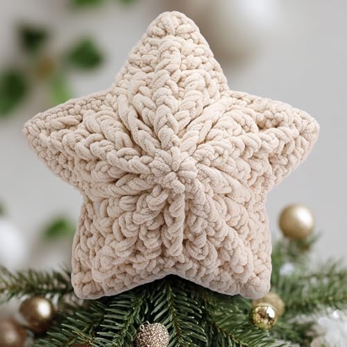 Syhood 10 Inch Star Christmas Tree Topper Crochet Chunky Yarn Star Xmas Decor for Christmas Tree Ornament Farmhouse Holiday Party Decoration, Cream White by Syhood