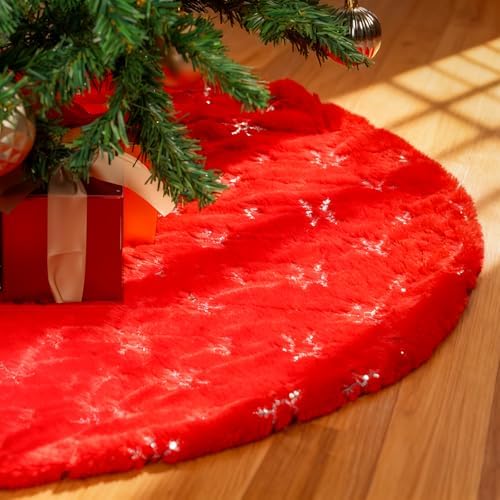 Christmas Tree Skirt Red, 36 Inch Large Soft Plush Xmas Tree Skirts, Double Layer Luxury Tree Skirt w/Silver Snowflake Sequin, Christmas Trees Decoration for Holiday Party Indoor Party Home Decor by MerryChristmas