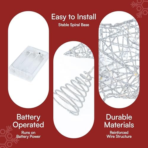Joiedomi 8 inch Christmas Glitter Star Tree Toppers, Battery Powered Metal Silver Star Lighted with LED Warm White Lights for Xmas Decorations, Holiday Party Indoor Decor - Image 3