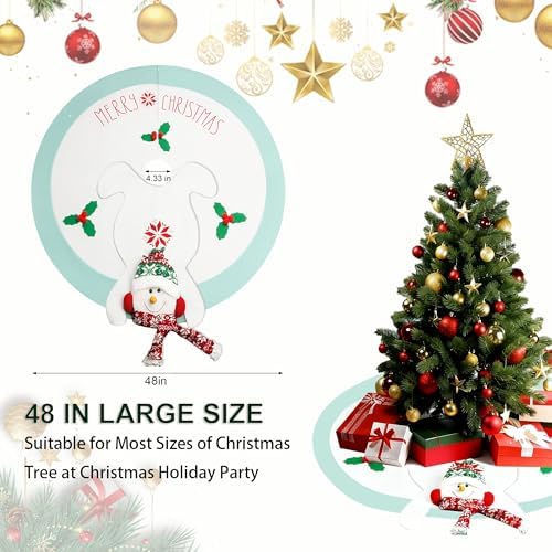 48in Christmas Tree Mat for Under Tree,Blue and White Christmas Tree Skirt for 7.5FT Tree,Rustic 3D Snowman Xmas Tree Mat Decorations Winter New Year Holiday Party Decor Indoor Outdoor - Image 3