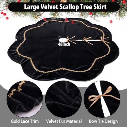 Arrowbash 48 Inch Black Christmas Tree Skirt Velvet Fur Scallop Tree Skirt Sparking Gold Lace Trim for Party Rustic Xmas Holiday Decorations All Year - Image 5