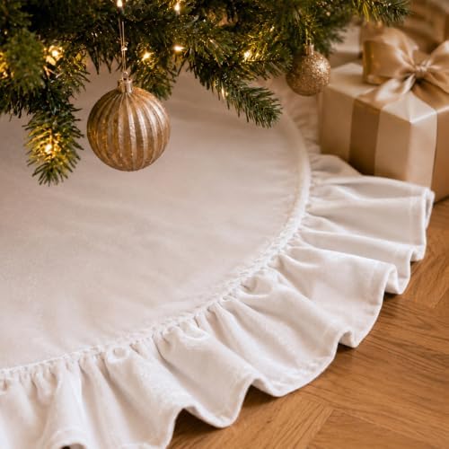 48-Inch White Ruffled Velvet Christmas Tree Skirt with 3 Bow Ties, Large Round Xmas Tree Base Cover for Holiday Home and Party Decor, 122 cm - Image 2