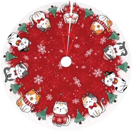 Christmas Cat Christmas Tree Skirt - Plush Polyester Mat Resistant with 3 Red Ties for Xmas, Halloween Decorations, Party Decor 48" by Unknown