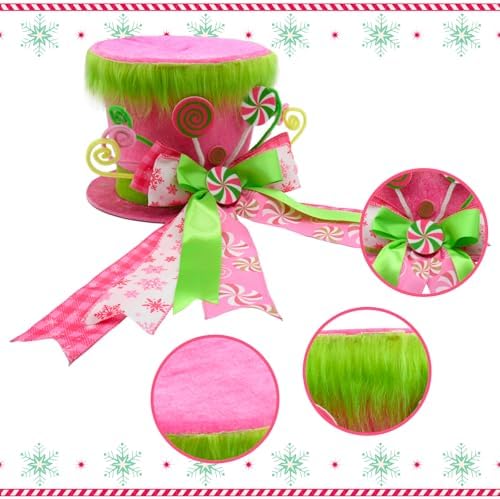 Pink Christmas Decor, Velvet Green Christmas Tree Topper Hat, Candy Cane Christmas Decorations Inddoor, Pink Ribbon Bow Topper Hat with Green Plush, Christmas Winter Holiday Decorations for Home - Image 3