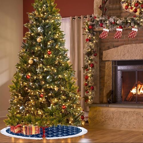 Xmas Tree Skirt 48" Inch,Navy Blue Nautical Anchor White Tassel Edge Rustic Christmas Tree Skirts for Party Holiday Decorations Xmas Ornaments - Image 3