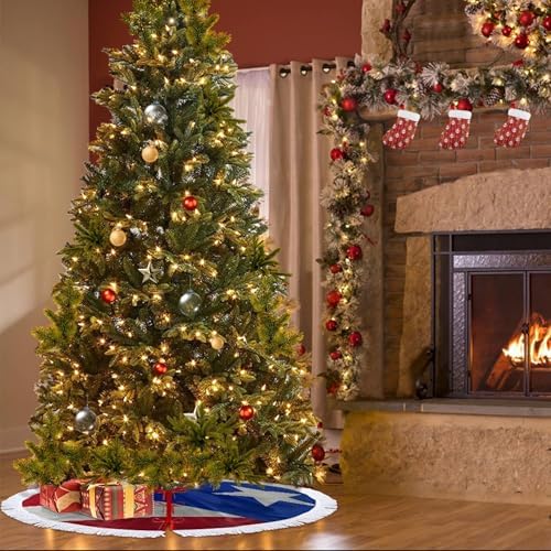Christmas Tree Skirt 30" Inch Puerto Rico Flag Xmas Tree Skirt Mat with White Tassel for Party Holiday, Tree Skirt Christmas Decorations - Image 3