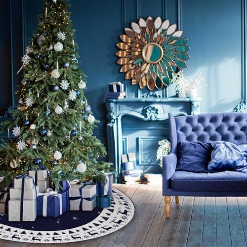 Christmas Tree Skirt 36inch Elk Snowflakes Navy Blue Xmas Decor - Image 2