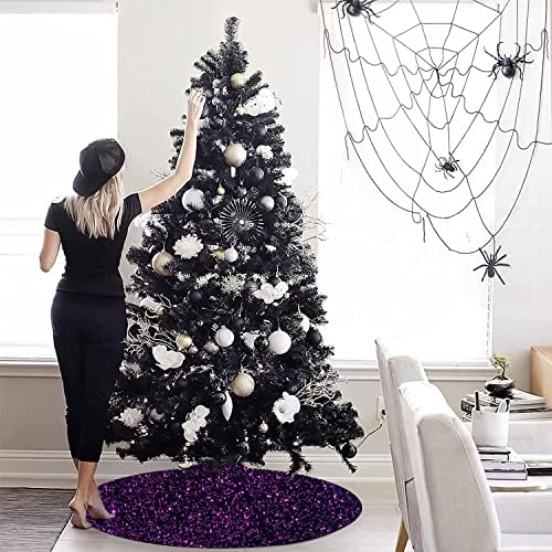 Purple Halloween Tree Skirt 21 Inches Sequin Christmas Tree Skirt Cover Table Top Velvet Tree Mat Glittery Xmas Tree Skirts for Artificial Trees Mermaid Pencil Tree Collar for Christmas Decorations - Image 6