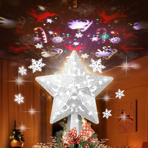Christmas Tree Topper, Christmas Star Tree Topper Built-in LED Rotating Lights, Plug in 3D Sliver Glittered Star Tree Topper for Xmas Party Holiday Decorations by Bakoor