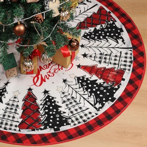 Multiwins Christmas Tree Skirt 48 Inch, Red and Black Buffalo Plaid with Snowflake Design, Thick Flannel Fabric, Rustic Farmhouse Xmas Tree Skirt for Holiday Decorations, Indoor Christmas Party by multiwins