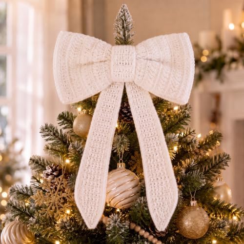 Syhood 12 Inch Crochet Bow Christmas Tree Topper Boho Christmas Ornament Farmhouse Holiday Xmas Decor for Xmas Trees Ornament Party Decoration by Syhood