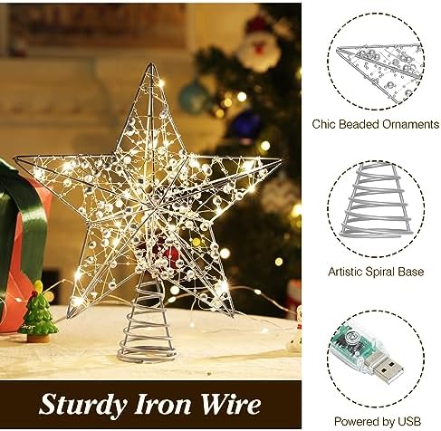 Lewondr Vintage Metal Beaded Christmas Star Tree Topper with Lights, Silver - Image 6