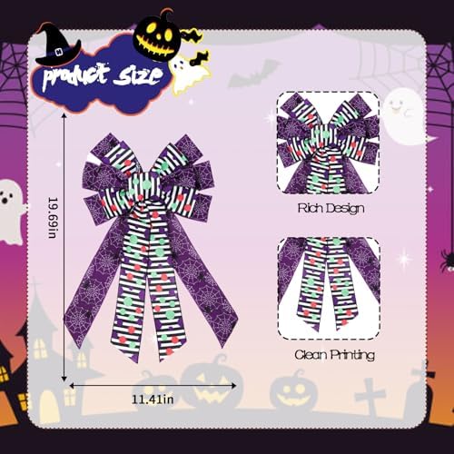 Large Halloween Tree Topper Bow, Purple Spider Web Wreath Bow - Image 2