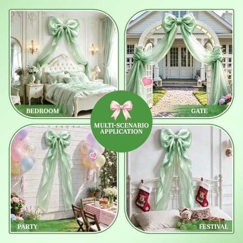 Big Satin Bow Coquette Room Decor, 16x79 Inch Large Christmas Bows for Birthday Decorations, Christmas Tree Topper, Girl Room Decor, Bachelorette, Wedding, Baby Shower, Front Door, Wreath (Green) - Image 5