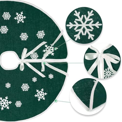 30 Inch Burlap Christmas Tree Skirt with White Snowflakes, Dark Green - Image 3