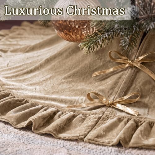 Velvet Christmas Tree Skirt, 60 Inches, Bow Style, Khaki - Image 3