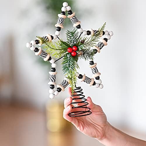 Rattan Star Christmas Tree Topper - Wooden Bead Holly Mistletoe Decor 11.5" - Image 3