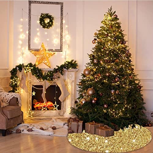 MODFUNS Gold Christmas Tree Skirts 36 Inches Sequence Christmas Tree Skirt Embroidered Christmas Tree Mats Farmhouse Round Merry Christmas Tree Skirt for New Year Birthday Ornament - Image 4