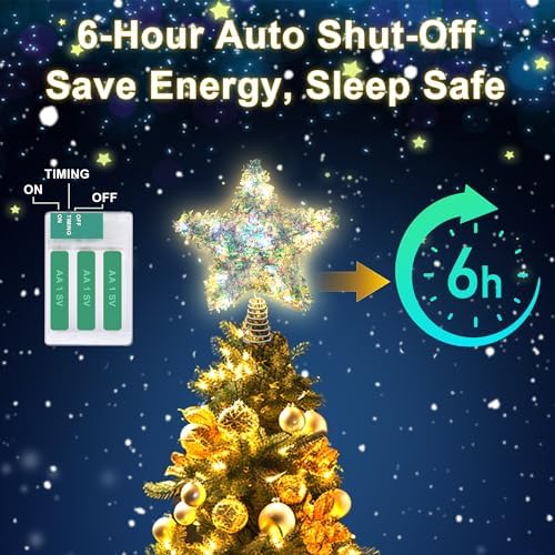 LAWOHO Christmas Tree Topper Star, Exquisite Christmas Decor, 10 Inch Shiny Iridescent Christmas Tree Decoration with 6H Timer, 20 Warm LED Lights for Xmas Tree, Holiday & Party, Indoor Decor - Image 3