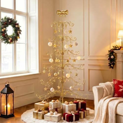 VINGLI 6ft Metal Christmas Ornament Tree Stand w/Bow Topper, 192 Branches, Decorative Iron Display Tree for Hanging Ornaments, Wrought Iron Christmas Tree Decoration for Holiday Home Decor, Gold - Image 2