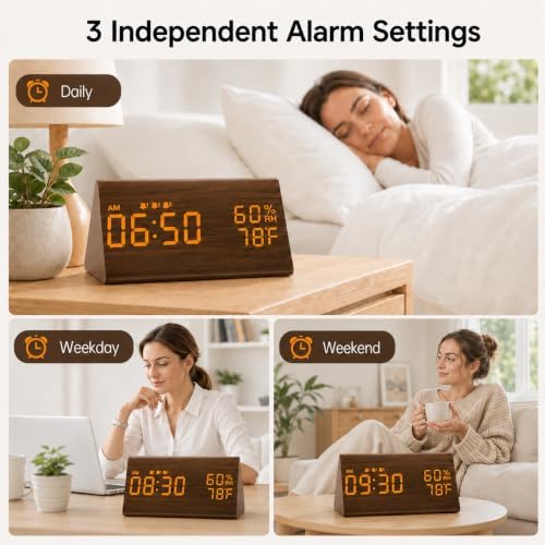 JALL Wooden Digital Alarm Clock for Bedrooms and Office, 3 Alarms with Big Digits, Humidity and Temperature Display, 6-Level Dimmer, Snooze, Loud Desk Clock for Heavy Sleepers, Plug in (Brown) - Image 4