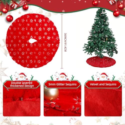 Christmas Tree Skirt Red, 36 Inch Large Soft Plush Xmas Tree Skirts, Double Layer Luxury Tree Skirt w/Silver Snowflake Sequin, Christmas Trees Decoration for Holiday Party Indoor Party Home Decor - Image 3