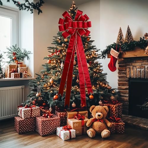 LaRibbons Large Red Velvet Christmas Tree Topper Bow - Image 4